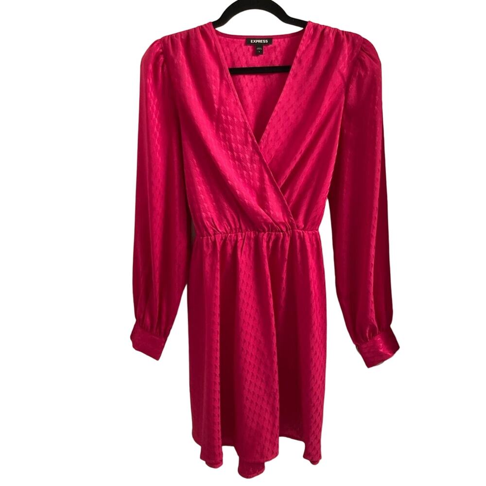 Express Hot Barbie Pink Shiny Faux Wrap Tie Waist Mini Dress - Size S